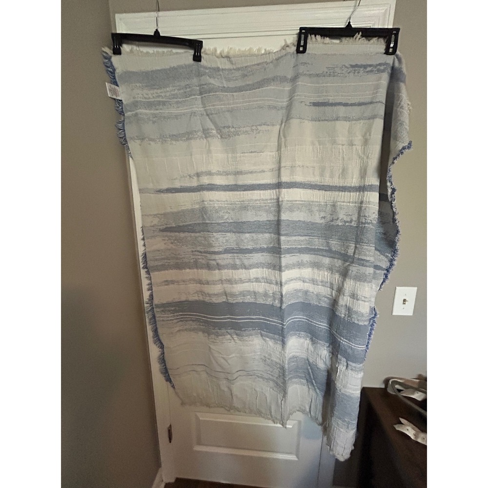 Antonio Salgado Blue White Striped Cotton Jacquard Throw Blanket Fringed